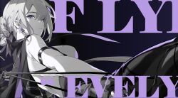 1girl absurdres arm_strap backless_outfit bare_shoulders black_gloves black_jacket bow braid breasts character_name earrings evelyn_chevalier from_side gloves grey_hair hair_bow hair_bun highres holding holding_weapon holding_whip jacket jewelry large_breasts looking_at_viewer medium_breasts mindscape_cinema_(zenless_zone_zero) mole mole_under_eye official_art parted_lips purple_background purple_eyes purple_theme sidelocks single_hair_bun sleeveless solo spot_color weapon zenless_zone_zero