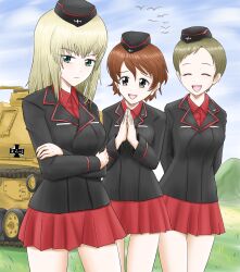 Rule 34 | 3girls, akaboshi koume, arms behind back, bird, black headwear, black jacket, blue eyes, blue sky, brown hair, closed eyes, closed mouth, cloud, cloudy sky, collared shirt, crossed arms, day, dress shirt, emblem, frown, garrison cap, girls und panzer, grass, grey hair, harukai-i, hat, highres, insignia, itsumi erika, jacket, kojima emi, kuromorimine (emblem), kuromorimine military uniform, lapels, long sleeves, looking at another, looking at viewer, medium hair, military hat, military uniform, military vehicle, miniskirt, motor vehicle, multiple girls, notched lapels, open mouth, outdoors, own hands together, pleated skirt, red shirt, red skirt, shirt, short hair, skirt, sky, smile, standing, tank, tiger i, very short hair, wavy hair