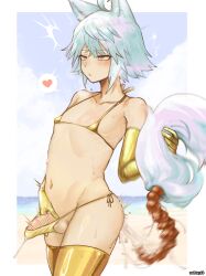 1boy absurdres anal_beads anal_tail animal_ears bar_censor bikini blue_hair blush butt_plug censored cum cum_in_ass ejaculation elbow_gloves fake_tail gloves gold_bikini gold_gloves gold_thighhighs highres male_focus micro_bikini nohtuy original penis red_eyes sex_toy short_hair swimsuit tail trap
