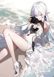 1girl absurdres beach breasts camera cleavage commentary_request commission eco_376124 elf highres holding holding_camera large_breasts long_hair looking_at_viewer ocean open_mouth original pixiv_commission pointy_ears purple_eyes reclining water white_hair