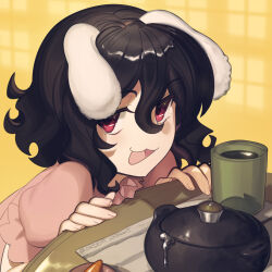 1girl :d animal_ears black_hair boa_(brianoa) commentary cup dress english_commentary hair_between_eyes inaba_tewi looking_at_viewer open_mouth pink_dress puffy_short_sleeves puffy_sleeves rabbit_ears red_eyes short_hair short_sleeves smile solo table teapot touhou twitter_username yellow_background