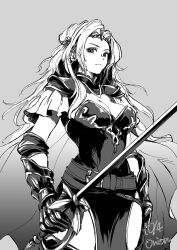 1girl armor artist_name belt boots breasts cape celes_chere final_fantasy final_fantasy_vi flower gloves greyscale hair_flower hair_ornament highres holding holding_sword holding_weapon leotard long_hair looking_at_viewer medium_breasts monochrome pulupulupoodle shoulder_armor solo strapless strapless_leotard sword twitter_username weapon