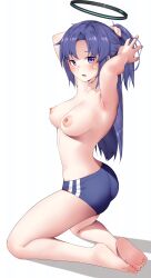 Rule 34 | 1girl, absurdres, adjusting hair, armpits, arms behind head, ass, bare legs, barefoot, black halo, blue archive, blue buruma, blush, breasts, buruma, collarbone, commentary, feet, from behind, full body, gym uniform, hair tie, half updo, halo, highres, holding, holding hair tie, kneeling, knees apart feet together, large breasts, looking at viewer, mechanical halo, nipples, nyayuu96, official alternate costume, official alternate hairstyle, open mouth, parted bangs, ponytail, purple eyes, purple hair, red pupils, shadow, short ponytail, simple background, soles, solo, star sticker, sticker on face, thighs, toes, topless female, white background, yuuka (blue archive), yuuka (track) (blue archive)