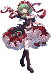 1girl absurdres black_boots black_dress black_panties boots breasts character_print cleavage crossed_bandaids dress frilled_dress frilled_sleeves frilled_thighhighs frills front_ponytail full_body game_cg green_hair hair_ribbon highres injury kagiyama_hina knee_boots kumio lace-up_boots large_breasts navel non-web_source panties puffy_sleeves red_dress red_ribbon red_wrist_cuffs ribbon self_character_print solo tachi-e teardrop thighhighs torn_boots torn_clothes torn_dress torn_footwear torn_ribbon torn_thighhighs touhou touhou_blooming_chaos underwear white_thighhighs wrist_cuffs wrist_ribbon zettai_ryouiki