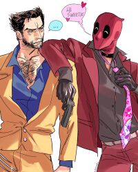 ... 2boys absurdres animification arm_on_another&#039;s_shoulder beard belt black_gloves black_shirt blue_shirt brown_hair buttons chest_hair claw_(weapon) deadpool deadpool_&amp;_wolverine deadpool_(series) english_text facial_hair formal_clothes gloves gun hashtag-only_commentary heart highres holding holding_gun holding_weapon jacket long_hair looking_at_another male_focus marvel marvel_cinematic_universe motokawako multiple_boys necktie pants parted_lips red_jacket red_mask red_suit shirt short_hair speech_bubble spoken_ellipsis suit unicorn_print weapon wolverine_(x-men) x-men yaoi yellow_jacket yellow_pants yellow_suit