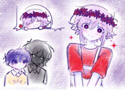 Rule 34 | 3boys, alternate universe, antenna hair, basil (headspace) (omori), basil (omori), black hair, blush, bright pupils, chibi, closed mouth, expressionless, flower, hapr (noneprice), head wreath, highres, male focus, multiple boys, omori, omori (omori), overall shorts, overalls, purple eyes, purple hair, red shirt, shirt, short hair, short sleeves, smile, sparkle, stranger (omori), sweatdrop, t-shirt, white eyes, white overalls, white pupils