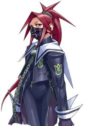 Rule 34 | 1girl, absurdres, arms at sides, capelet, chain, cropped legs, edaki shin&#039;ya, game cg, gloves, highres, himezaki aoi, justice gakuen, lock, long hair, looking at viewer, mask, moero! justice gakuen, mouth mask, non-web source, official art, padlock, padlocked collar, ponytail, red hair, school uniform, side slit, side zipper, simple background, solo, spandex, standing, white background, white capelet