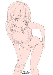 1girl ;o bare_arms bare_legs bare_shoulders bow bow_panties bra breasts cleavage collarbone commentary_request cowboy_shot dated embarrassed eyes_visible_through_hair frilled_bra frills hair_between_eyes hand_on_own_hip hand_on_own_knee highres knees light_blush long_hair monochrome navel one_eye_closed orange_theme original panties parted_lips sidelocks simple_background small_breasts solo stomach striped_bra striped_clothes striped_panties sweat twitter_username unasaka_ryou underwear vertical-striped_bra vertical-striped_clothes vertical-striped_panties white_background
