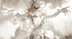 1girl ancient_greek_clothes augusta_(wuthering_waves) closed_mouth commentary cowboy_shot dino_(dinoartforame) dress greco-roman_clothes hair_between_eyes headgear highres limited_palette long_hair looking_at_viewer outstretched_arms red_hair solo white_dress white_eyes wuthering_waves