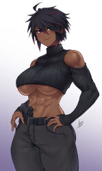 1girl abs airisubaka artist_name belt black_hair breasts dark-skinned_female dark_skin gun handgun highres large_breasts looking_at_viewer multicolored_hair muscular muscular_female navel original purple_eyes short_hair signature simple_background smile solo underboob weapon