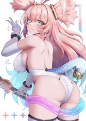 1girl :3 absurdres antenna_hair ass azur_lane bare_shoulders blue_eyes blush breasts closed_mouth commentary elbow_gloves english_commentary gloves green_eyes highres holding large_breasts leotard long_hair loob looking_back multicolored_eyes pink_hair smile solo specialized_bulin_mkiii_(azur_lane) specialized_bulin_mkiii_(the_bulin_bringer_of_justice)_(azur_lane) thighhighs thighs two_side_up white_gloves white_leotard white_thighhighs