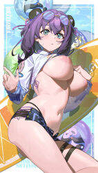 1girl absurdres airseal animal_ears aqua_eyes bikini bikini_bottom_only bikini_under_shorts black_bikini black_shorts blush breasts clothes_lift commentary_request cross-laced_clothes cross-laced_shorts extra_ears eyewear_on_head hair_between_eyes highres inverted_nipples lactation large_breasts long_hair long_sleeves looking_at_viewer navel official_alternate_costume open_clothes open_shorts panda panda_ears panda_girl purple-framed_eyewear round_eyewear shirt shirt_lift short_shorts shorts skindentation solo stomach string_bikini strinova surfboard sweat swimsuit thigh_strap thighs white_shirt yvette_(seaside_venture)_(strinova) yvette_(strinova)