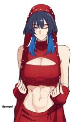 1girl absurdres black_hair blue_eyes blue_hair breasts cleavage cleavage_cutout closed_mouth clothing_cutout cropped_sweater highres hololive hololive_english large_breasts long_hair looking_at_viewer multicolored_hair navel one_eye_closed ouro_kronii pomuya red_sweater simple_background smile solo sweater toned toned_female virtual_youtuber white_background
