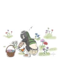 1girl armor black_hair blue_flower camo_niku crop_top facing_away final_fantasy final_fantasy_vii flower flower_basket full_body green_shirt grey_shorts loose_socks midriff musical_note orange_shoes pauldrons picking_flowers pink_flower red_flower shirt shoes short_hair shorts shoulder_armor single_pauldron sleeveless sleeveless_turtleneck sneakers socks solo spoken_musical_note squatting turtleneck white_flower yuffie_kisaragi