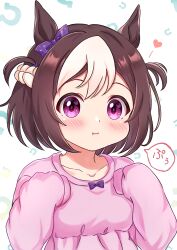1girl :i blush bow braid breasts brown_hair casual closed_mouth commentary_request ear_bow hair_between_eyes hair_ornament half_up_braid heart horse_girl long_sleeves looking_at_viewer medium_breasts medium_hair mochitsuki_wataame multicolored_hair pink_shirt portrait pout purple_bow purple_eyes shirt simple_background solo special_week_(umamusume) streaked_hair umamusume upper_body white_background white_hair
