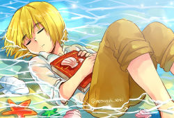 1boy armin_arlert barefoot blonde_hair book brown_pants child closed_eyes feet_in_water in_water lying male_focus moxue_qianxi on_back outdoors pants seashell see-through_clothes see-through_shirt shell shingeki_no_kyojin shirt sleeping sleeves_rolled_up soaked solo starfish twitter_username water wet wet_clothes wet_hair white_shirt