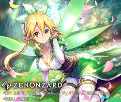 1girl 2017 blonde_hair blush braid breasts cleavage collarbone commentary_request copyright_name dress elf forest green_eyes hair_between_eyes hair_ornament hokuyuu large_breasts leafa_(sao) long_hair looking_at_viewer nature official_art on_ground outdoors pointy_ears ponytail sitting smile solo sword_art_online thighhighs thighs tree twin_braids very_long_hair white_thighhighs zenonzard