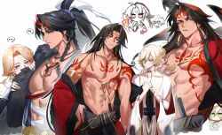 2boys abs absurdres arm_tattoo asura_(onmyoji) bishounen black_hair blonde_hair bracelet braid chest_tattoo closed_mouth clothing_request earrings green_eyes height_difference high_ponytail highres jewelry konsai_2 long_hair male_focus multiple_boys muscular muscular_male navel nipples onmyoji pectorals ponytail red_eyes red_tattoo short_hair shoulder_tattoo simple_background taishakuten_(onmyoji) tattoo unworn_clothes upper_body white_background