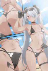 1girl absurdres adjusting_eyewear ass audirenze bikini black_bikini black_choker black_gloves blue_archive blue_sky blush breasts breasts_apart cameltoe choker closed_mouth commentary dark-skinned_female dark_skin day demon_girl demon_tail eyewear_on_head gloves gluteal_fold grey_hair groin hair_over_one_eye halo hand_on_own_hip hand_up highres iori_(blue_archive) long_hair looking_at_viewer multiple_views navel one_eye_covered outdoors paid_reward_available partially_visible_vulva pointy_ears red_eyes skindentation sky small_breasts split_mouth straight_hair string_bikini sunglasses sunlight sweat swimsuit tail thigh_strap twintails very_long_hair