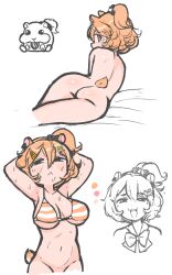 1girl animal_ears arms_behind_head ass bed_sheet bikini bottomless bow breasts eimi_isami from_behind groin hair_ornament hairclip hamster_ears hamster_girl hamster_tail large_breasts looking_at_viewer looking_back navel notepaddy nude orange_hair phase_connect short_hair sweat swimsuit virtual_youtuber white_background