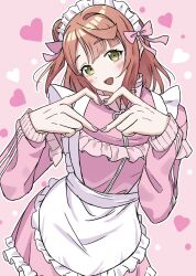 1girl commentary_request cowboy_shot dress four-finger_heart_hands frilled_dress frills hair_bun heart heart_background heart_hands highres jersey_maid keitaro_tension long_sleeves love_live! love_live!_nijigasaki_high_school_idol_club maid maid_headdress medium_hair official_alternate_costume orange_hair outline pink_background pink_dress short_dress single_side_bun solo uehara_ayumu unconventional_maid white_outline