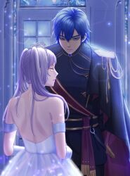1boy 1girl alternate_universe aristocratic_clothes back black_cape blue_hair cape chrom_(fire_emblem) closed_mouth commentary dress english_commentary fire_emblem fire_emblem_awakening hair_between_eyes highres indoors liekahp long_hair looking_at_another looking_at_viewer looking_back nintendo robin_(female)_(fire_emblem) robin_(fire_emblem) standing tiara twintails white_dress white_hair window