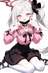 1gen_sinkun 1girl alternate_costume black_mask black_scrunchie black_shoes black_skirt blue_archive blush double_v earrings grey_hair hair_ornament hair_scrunchie heart heart_earrings high-waist_skirt highres jewelry jirai_kei long_hair looking_at_viewer mutsuki_(blue_archive) pink_shirt pointy_ears purple_eyes scrunchie shirt shoes side_ponytail sitting skirt solo thighhighs tongue tongue_out v wariza white_thighhighs