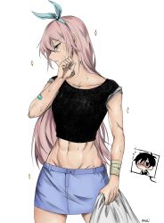 1girl aqua_eyes artist_name aubrey_(faraway)_(omori) aubrey_(omori) bandaged_wrist bandages bandaid bandaid_on_arm blush bow closed_mouth collarbone commentary cowboy_shot crop_top english_commentary eyepatch groin hair_between_eyes hair_bow hand_up highres holding kazuya_(kozun) long_hair looking_away looking_to_the_side midriff miniskirt narrow_waist navel omori scar scar_on_arm short_hair sidelocks simple_background skirt sleeves_rolled_up solo source_request sparkle spoilers spoken_character spot_color standing sunny_(omori) sweat toned white_background