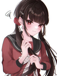 Rule 34 | 1girl, absurdres, blunt bangs, blush, brown hair, danganronpa (series), danganronpa v3: killing harmony, hair ornament, hair scrunchie, harukawa maki, highres, holding, holding own hair, long hair, long sleeves, looking at viewer, low twintails, mole, mole under eye, o soba (soba3ly), pout, red eyes, red scrunchie, red shirt, sailor collar, school uniform, scrunchie, shirt, solo, squiggle, twintails, wavy mouth