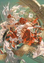 1girl artist_name ball bare_shoulders card dice dress fingerless_gloves floating floating_hair flower gem gloves green_background green_eyes hair_flower hair_ornament high_heels highres kneehighs original red_dress red_flower red_rose rose socks solo souly white_hair