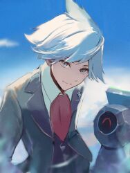 Rule 34 | 1boy, beldum, blue eyes, blue hair, blue sky, closed eyes, closed mouth, cloud, collared shirt, gen 3 pokemon, grey hair, happy, highres, jacket, long sleeves, male focus, necktie, nintendo, pants, pokemon, pokemon (creature), pokemon oras, purple vest, red necktie, ringosan2329, shirt, short hair, sky, smile, spiked hair, steven stone, vest, white shirt