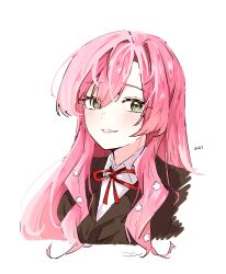 Rule 34 | 1girl, absurdres, black jacket, blazer, blush, bow, bowtie, character name, collared shirt, cropped shoulders, flower, green eyes, hair between eyes, hair flower, hair intakes, hair ornament, hanazono hahari, highres, jacket, kimi no koto ga dai dai dai dai daisuki na 100-nin no kanojo, long hair, looking at viewer, mole, mole under eye, ohananomitsu high school uniform, parted bangs, parted lips, pink hair, raised eyebrows, red bow, red bowtie, school uniform, shirt, simple background, solo, ume ao, wavy hair, white background, white flower, white shirt