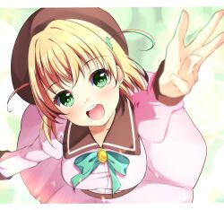 1girl arm_up beret blurry bokeh breasts brown_hat collarbone collared_dress commentary_request contrast_collar crossed_bangs depth_of_field dream_believers dress from_above green_background green_eyes hair_ornament hat hinoshita_kaho hoijin letterboxed link!_like!_love_live! looking_at_viewer love_live! medium_breasts medium_hair official_alternate_costume open_hand orange_hair pink_dress rabbit_hair_ornament solo two_side_up virtual_youtuber