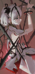 1girl absurdres backless_dress backless_outfit black_ribbon blue_eyes breasts camellya_(wuthering_waves) capelet commentary dress evil_smile from_side hair_ribbon highres looking_at_viewer navel open_mouth ribbon rifu002 short_twintails sideboob smile solo thorns twintails twisted_torso white_capelet white_dress white_hair wuthering_waves