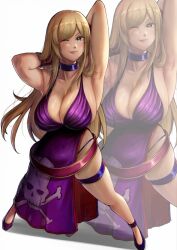 1girl armpits arms_behind_head artist_name b._jenet blonde_hair blue_eyes breasts cleavage covered_navel dress fatal_fury fatal_fury:_city_of_the_wolves feet high_heels highres large_breasts legs long_hair looking_at_viewer one_eye_closed pink_lips purple_dress sideboob smile snk solo the_king_of_fighters thick_thighs thighs thong wink