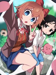 Rule 34 | 1boy, 1other, 2girls, absurdres, antennae, between legs, black hair, blazer, blue eyes, blue shorts, blue skirt, blue sky, bongfill, brown eyes, brown hair, brown jacket, brown sweater, bush, creature, crossover, day, doki doki literature club, family guy, feet out of frame, from above, grass, hair between eyes, hand between legs, highres, holding, holding phone, jacket, kneehighs, kuze shizuka, looking at viewer, multiple girls, on rock, open clothes, open jacket, open mouth, outdoors, peter griffin, phone, pleated skirt, red ribbon, ribbon, sayori (doki doki literature club), school uniform, selfie, shirt, short hair, shorts, signature, sitting, skirt, sky, socks, sweater, takopii, takopii no genzai, thighs, tree, tsurime, v, white shirt, white socks, wide-eyed, wispy bangs