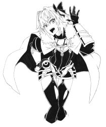 absurdres arm_guards armor astolfo_(fate) black_bow black_cloak black_gloves black_thighhighs bow cloak crossed_legs crosshatching emblem fate/apocrypha fate/grand_order fate_(series) garter_straps gloves hair_bow hair_intakes hand_on_own_hip hatching_(texture) highres la_black_luna mori_kuro multicolored_cloak sketch thighhighs traditional_media waving waving_arm white_cloak wide_mouth zettai_ryouiki