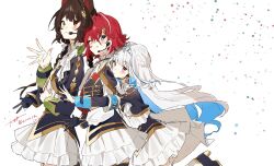 Rule 34 | 3girls, ange katrina, animal ears, armband, blue armband, blue boots, blue eyes, blue gloves, blue hair, blue shirt, blue skirt, blush, boots, braid, brown hair, closed mouth, collared shirt, colored inner hair, cowboy shot, cup hair ornament, dog ears, earrings, eddke9s4ik52530, frilled skirt, frills, from side, front-to-back, gloves, gold trim, hair intakes, hair ornament, half up braid, hand up, hashtag-only commentary, headset, heterochromia, high heel boots, high heels, highres, idol clothes, inui toko, jewelry, layered shirt, layered skirt, leg up, lize helesta, long bangs, long hair, long sleeves, looking at viewer, looking to the side, medium hair, miniskirt, multicolored hair, multiple girls, nijisanji, nijisanji idol uniform, one eye closed, pentagon (shape), purple eyes, red eyes, red hair, sanbaka (nijisanji), shirt, silver tiara, skirt, sleeve cuffs, smile, spread fingers, streaked hair, triangle hair ornament, twitter username, two-tone hair, v, very long hair, virtual youtuber, waving, white background, white hair, white shirt, white skirt, yellow eyes