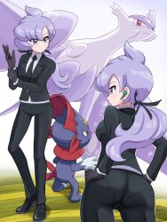 1girl absurdres anabel_(pokemon) ass black_gloves black_jacket black_necktie black_pants blush breasts closed_mouth collared_shirt earbuds earphones earpiece formal_clothes gen_3_pokemon gen_4_pokemon gloves hair_ribbon highres jacket latios legendary_pokemon long_hair long_sleeves mega_latios mega_pokemon necktie nintendo pants pantylines pokemoa pokemon pokemon_(creature) pokemon_sm pokemon_usum ponytail purple_eyes purple_hair ribbon shirt suit sweatdrop weavile white_shirt