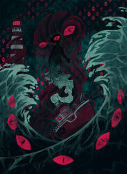 Rule 34 | 1other, abstract, absurdres, canvas texture, commentary, disembodied eye, dredge (video game), eldritch abomination, highres, horror (theme), kelgrid, lighthouse, night, ocean, smoke, tentacles, waves