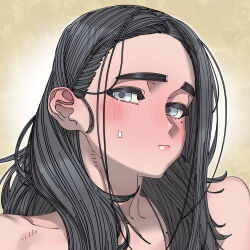 1girl absurdres black_hair blush brown_background closed_mouth commentary_request ear_blush gado grey_eyes highres korean_commentary long_hair looking_at_viewer mole mole_under_eye nude original solo