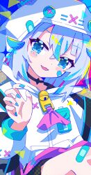 Rule 34 | 1girl, :3, :d, absurdres, adversarial noise, aramedraw, bandaid, bandaid on cheek, bandaid on clothes, bandaid on face, bandaid on knee, bandaid on leg, black choker, blue eyes, blue hair, blue nails, blush stickers, choker, commentary request, cowboy shot, hair between eyes, hand up, highres, hood, hood up, hoodie, long sleeves, looking at viewer, nail polish, open mouth, original, short hair, smile, solo, white hoodie, zipper