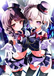 2girls :o absurdres aiguillette arm_warmers azur_lane bare_shoulders black_hat black_shirt black_skirt black_thighhighs blush bow braid breasts brown_hair commentary_request commission cosplay cowboy_shot crop_top cross crossed_bangs earpiece frilled_skirt frills gloves glowstick grin hair_between_eyes hat highres holding_hands idol iron_cross long_hair looking_at_viewer marimo_daifuku medium_breasts medium_hair midriff mini_hat mini_top_hat miniskirt multiple_girls navel neck_ribbon parted_lips pixiv_commission plaid_clothes plaid_skirt pleated_skirt purple_eyes red_bow red_eyes red_ribbon ribbon shirt short_braid side_ponytail sidelocks signature skindentation skirt sleeveless sleeveless_shirt small_breasts smile stage_lights standing swept_bangs teeth thighhighs tilted_headwear top_hat twin_braids white_gloves white_hair white_shirt z1_leberecht_maass_(azur_lane) z23_(azur_lane) z23_(azur_lane)_(cosplay) z23_(serious_idol_@acting_manager?!)_(azur_lane) z2_georg_thiele_(azur_lane) zettai_ryouiki