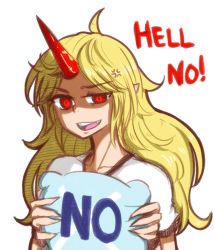 1girl anger_vein blonde_hair english_text female_focus horns hoshiguma_yuugi long_hair no pillow pointy_ears red_eyes single_horn smile solo touhou xkaishaku yes-no_pillow