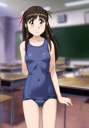 1girl blue_one-piece_swimsuit braid breasts brown_eyes brown_hair chalkboard classroom covered_navel desk gluteal_fold half_up_braid half_updo highres katsuragi_ayane long_hair looking_at_viewer neopure old_school_swimsuit one-piece_swimsuit school_desk school_swimsuit small_breasts solo standing swimsuit true_love_story