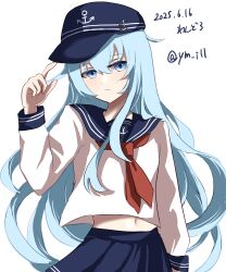1girl absurdres anchor_symbol blue_eyes blue_hair blue_hat blue_sailor_collar blue_skirt cowboy_shot dated hair_between_eyes hat hibiki_(kancolle) highres kantai_collection long_hair long_sleeves looking_at_viewer midriff navel neckerchief one-hour_drawing_challenge red_neckerchief sailor_collar shirt simple_background skirt solo twitter_username white_background white_shirt ym_1221