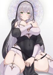 1girl absurdres black_dress blush breast_conscious breasts coif covered_navel covering_breasts covering_crotch covering_privates dress garter_straps grabbing_own_breast green_eyes grey_hair hair_between_eyes highres hololive hololive_fantasy hood huge_breasts looking_at_viewer navel nun pelvic_curtain rasetsu_ship1 shirogane_noel shirogane_noel_(battle_nun) shirogane_noel_(nun) solo sweat thick_thighs thighhighs thighs virtual_youtuber white_background