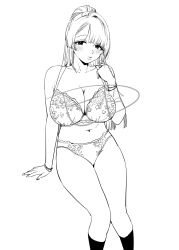 1girl asymmetrical_bangs bare_arms bare_shoulders blunt_bangs blush bra bracelet breasts cleavage closed_mouth collarbone commentary_request embroidered_bra embroidered_panties feet_out_of_frame goshiki_suzu greyscale hand_up highres jewelry large_breasts lineart long_hair looking_at_viewer midriff monochrome navel original panties ponytail reika_(goshiki_suzu) signature sitting socks solo underwear underwear_only