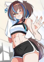1girl abs absurdres akkunz animal_ears blue_hair blush brown_hair ceiling cowboy_shot daitaku_helios_(umamusume) ear_covers fang grin gym_shorts hair_between_eyes hands_up highres holding holding_towel horse_ears horse_girl horse_tail linea_alba long_hair looking_at_viewer multicolored_hair navel one_eye_closed shorts smile solo sports_bra stomach streaked_hair tail taut_clothes toned toned_female towel umamusume yellow_eyes