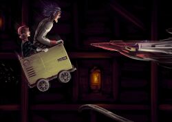 1boy 1girl donkey_kong_(series) donkey_kong_country falling gloves gundam hair_bobbles hair_ornament highres imminent_death minecart nintendo on_railroad_tracks paptimus_scirocco pink_hair profile pun purple_hair sakkan sarah_zabiarov screaming spinning_wheel titans_(gundam) waverider_crash white_gloves zeta_gundam zeta_gundam_(mobile_suit)